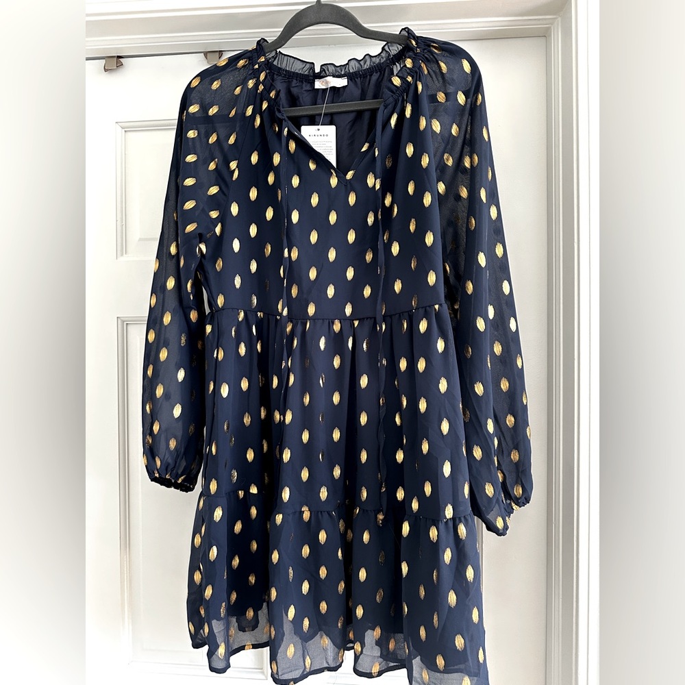 Navy blue with gold polka dots dress.